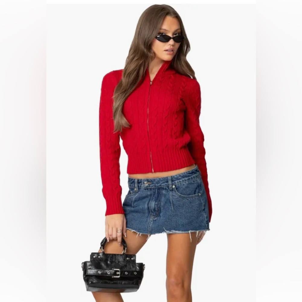Harper Red Cable Knit Hooded Zip Cardigan